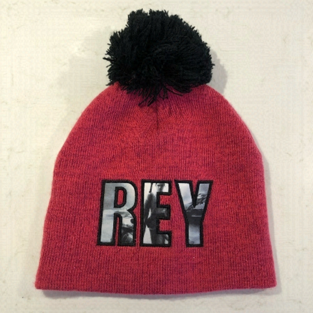 Star WARS Movie REY Cranberry Pink Black Pompom Knit Stretchy Hat Winter Toque